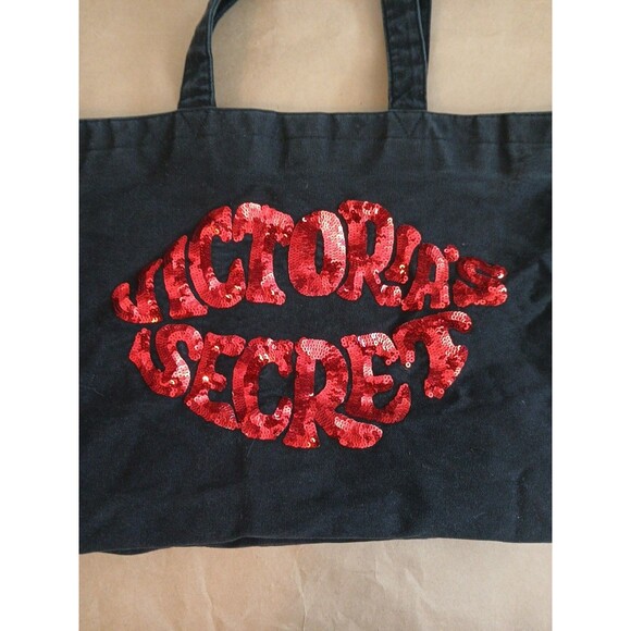 Victoria's Secret Women's Canvas Tote Bag Black With Red Sequins Lips - Picture 2 of 6